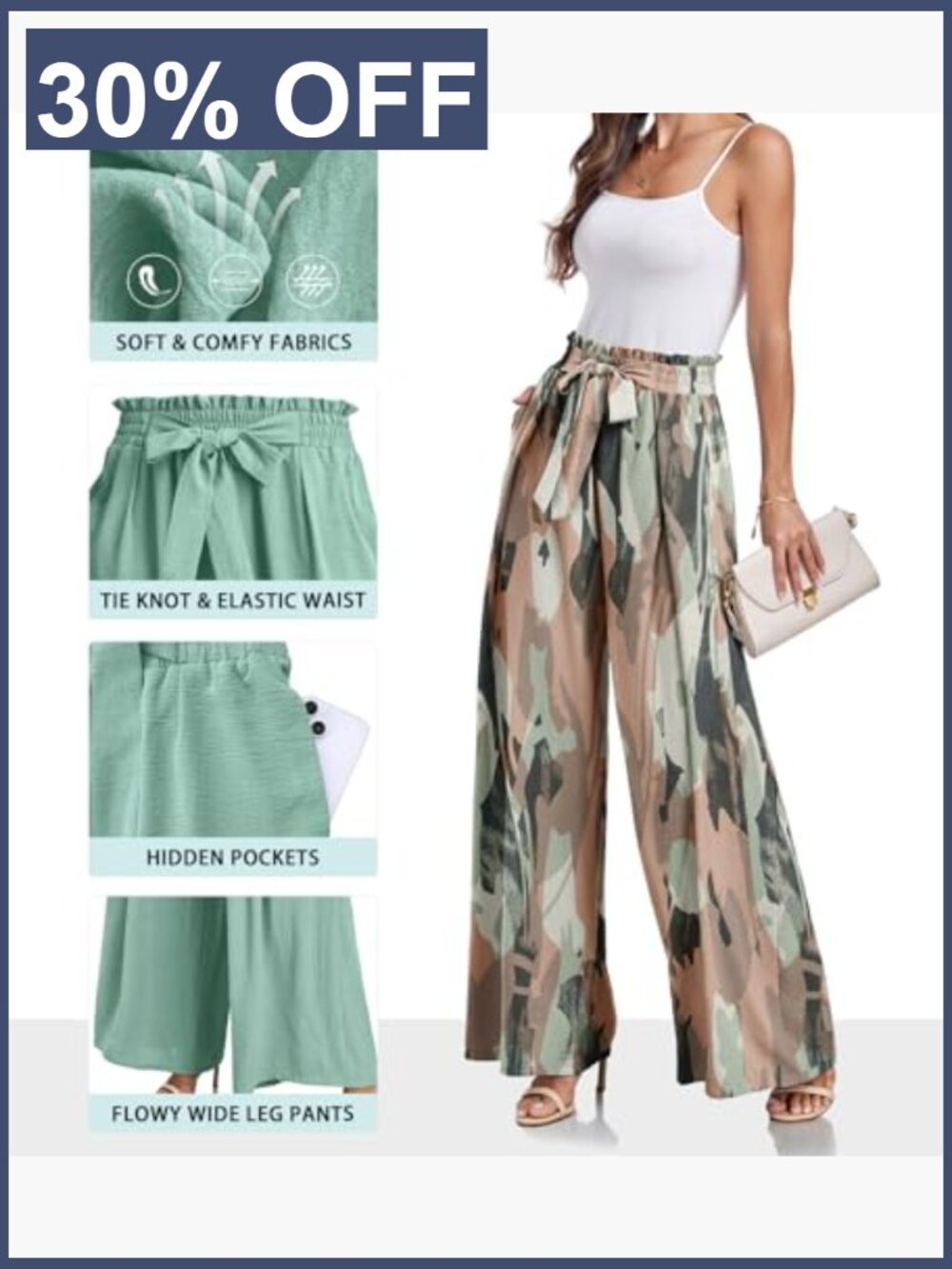 High Waisted Wide Leg Palazzo Pants with Pockets Flowy Tie Knot Trousers - Picture 3 of 7